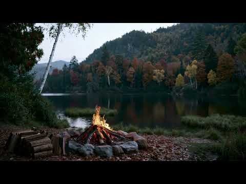 Peaceful Autumn Campfire by the Lake on an Overcast Day 🍁 Crackling Fire & Evening Nature Sounds 🔥