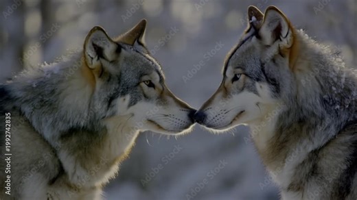 Two grey wolves standing nose to nose with a paw on shoulder and frost on fur in winter forest, the concept of strong hierarchy, respect and deep connection