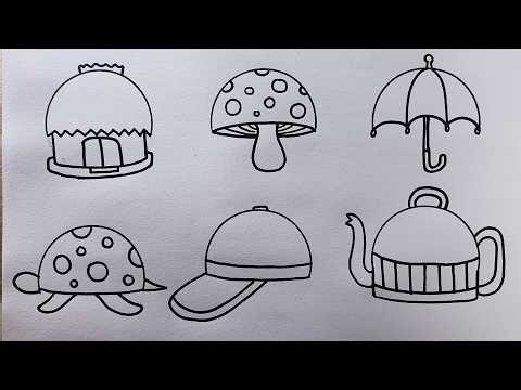 Easy Object Drawing Tutorial | Hut, Mushroom, Umbrella, Turtle, Cap, Kettle