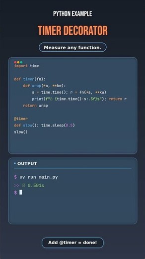 Time Any Python Function With One Decorator #Python #Coding #Decorators #LearnPython #Shorts