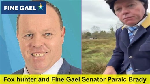 Fox hunter, fox shooter and Fine Gael Senator Paraic Brady sneering following the shameful rejection in Dail Eireann of a bill to ban cruel fox hunting, a bloodsport which most people in Ireland want outlawed. In the video, Brady on horseback during a hunt, waves at the camera and says “I’d like to wish Ruth and all her friends - the 24 that voted against us last Thursday in the Dail - a very happy Christmas.” These 24 compassionate TDs reflected the wishes of the vast majority who want fox hunt