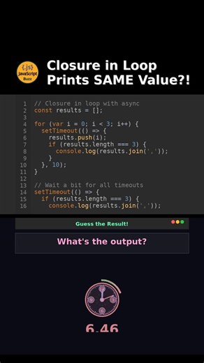 Serghei Pogor on Instagram: "Closure in Loop Prints SAME Value?! Closures CAPTURE variables by reference! All setTimeout callbacks share the SAME i variable. They all print 3, not 0, 1, 2! This is the classic closure trap! #javascript #javascripttricks #closures #loops #settimeout #javascriptweird #javascriptquiz #codingchallenge #javascriptshorts #javascriptwtf #asyncclosures #advancedjavascript"