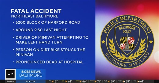 Person on dirt bike killed in crash with minivan in NE Baltimore