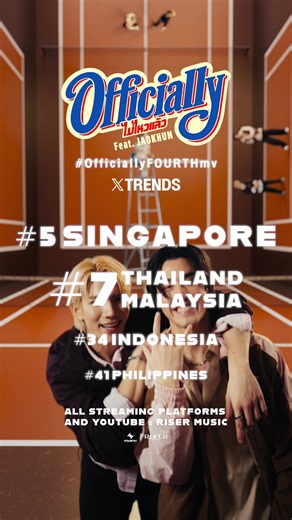 #OfficiallyFOURTHmv HIT 5 SINGAPORE, 7 THAILAND, 7 MALAYSIA, 34 INDONESIA AND 41 PHILIPPINES ON X TRENDS AFTER RELEASE. 🎾💘 THANK YOU FOR ALL THE LOVE AND SUPPORT FROM EVERYONE AROUND THE WORLD! ‘ไม่ไหวแล้ว (Officially) - FOURTH Feat. JAOKHUN’ 📺 YouTube : RISER MUSIC 📎 https://youtu.be/wPDx49SYAx8 🎧 & ALL STREAMING @Fourth @JAOKHUN HEADQUARTER @chari #OfficiallyFOURTH #Fourthnattawat #JAOKHUN #RISERMUSIC