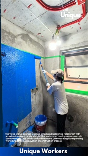 Bathroom Waterproofing: Worker Applying Blue Waterproof Coating to Wall