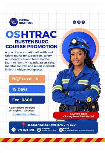 #livehighlights #tiktoklive Attention Rustenburg! Ready to step into occupational health and safety? Funda Institute is running the practical OSHTRAC promotion right here in Rustenburg. Learn hazard identification, risk assessment, and incident reporting for South African workplaces. In just 15 days, gain an accredited NQF Level 4 qualification built for supervisors and safety representitives The special promo fee is only R800. Spaces are strictly limited and applications close October 28th! App