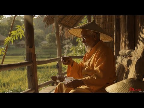 Old Vietnamese man drinking tea in front of his house, peaceful village atmosphere