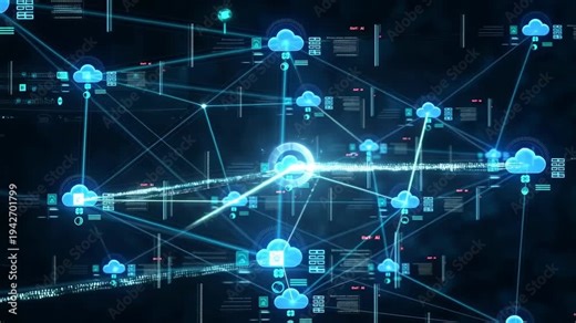 Dynamic cloud network visualization with interconnected data points and digital interfaces. Represents the future of cloud computing and data management