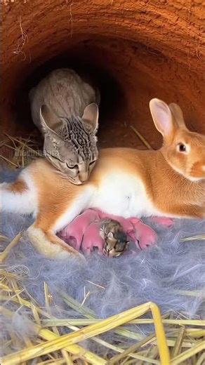 Mother Cat Rescues Her Kitten from Rabbit's Nest!