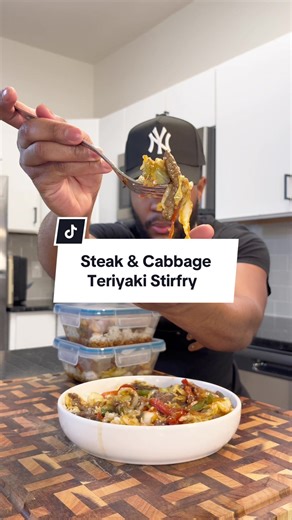 Steak and Cabbage Teriyaki Stirfry 🥩 | We’re getting back on track with our diets and incorporating more vegetables and high protein food options • Ingredients •\t3 New York strip steaks, sliced into strips •\tAvocado oil •\tSalt & black pepper •\t2 tbsp butter •\t1 large head of green cabbage (plus ½ more if meal prepping), cleaned and sliced •\t2 Green Bell peppers • 2 Red Bell peppers •\tOnion, sliced •\tCooked rice, for serving Homemade Teriyaki Sauce •\t1 cup low-sodium soy sauce •\t½ cup 