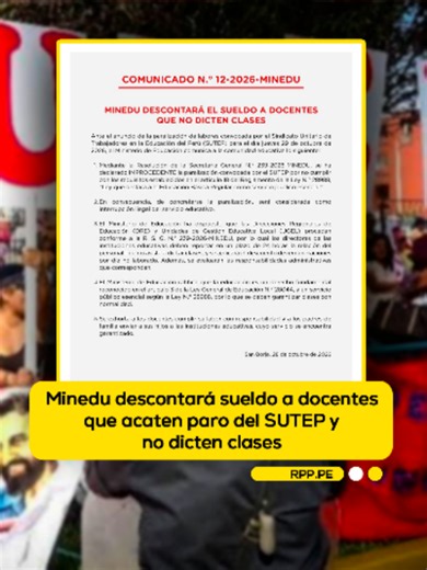 🚨Minedu informó que descontará el sueldo a los docentes que no asistan hoy, 29 de octubre, a su jornada laboral, en el marco del paro convocado por el Sindicato Unitario de Trabajadores en la Educación del Perú (SUTEP). ➡️ Más información en rpp.pe #minedu#paronacional#docentes