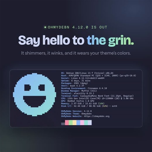 OhMyDebn 4.12.0 is out. OhMyDebn turns the Debian-based distro you already trust (Debian 13, Ubuntu 24.04 and 26.04, Linux Mint, LMDE 7, Raspberry Pi OS and more) into a polished Cinnamon desktop for… | Doug Burks