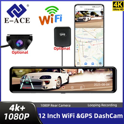 E-ACE A45P 4K WIFI GPS Car DVR 12 Inch Touch IPS Screen Park RearView Mirror Optioanl Rear View Camera Dashcam Video Recorder | Lazada Philippines