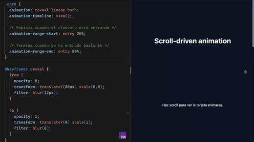 ¡Animaciones al hacer scroll con puro CSS!Sin JavaScript. Sin bibliotecas. Sin hacks raros.Lo mejor: disponible en todos los browsers modernos.Y es tan fácil hacerlo como esto: