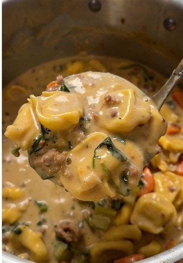One Pot Creamy Tortellini Soup! Full recipe in my bio :) #soup #cooking #recipes #onepotrecipe #easydinner 1 lb Italian sausage 2 carrots 3 celery sticks 1/2 yellow onion 1 - 2 tbsp olive oil 3 garlic cloves 2 tsp ginger 2 tsp salt 1 tsp paprika 1/2 tsp oregano 1/2 tsp parsley 1/2 tsp thyme 1/4 cup flour 8 cups beef broth 14 oz tortellini 1 cup heavy cream 1 large handful spinach 3 oz Parmigiano Reggiano
