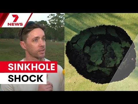 'Little bit worried now': Large sinkhole appears on sports oval | 7NEWS
