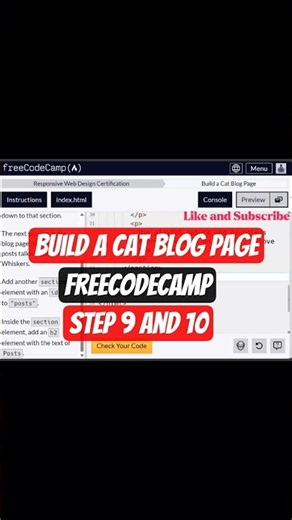FreeCodeCamp| Build a cat blog page| Step 9 , 10 #shorts #coding #easysteps