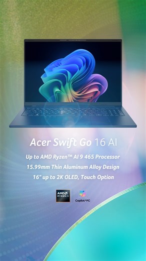 Get ready to experience the power of AMD with the new #AcerSwift Go and #AcerAspire series 🚀 Designed for optimum AI, these laptops combine cutting-edge Ryzen™ processors with premium OLED displays for unmatched productivity https://www.acer.com/acer-swift-go-16-ai-amd http://www.acer.com/aspire-14-16-ai-amd #AcerNewProduct | Acer