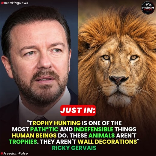 🦁💔 RICKY GERVAIS SPEAKS OUT AGAINST TROPHY HUNTING: “PATHETIC AND INDEFENSIBLE”
