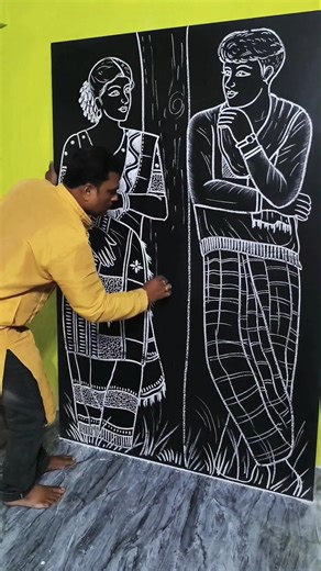 How to Draw Romantic Village Couple 🤍 | White Chalk Art on Blackboard #shorts #art #foryou #drawing