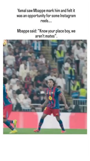 universal.decode on Instagram: "This post shares a clip from the January 11, 2026, Spanish Supercopa final, where Kylian Mbappé (Real Madrid) swiftly dispossesses Lamine Yamal (Barcelona) with a strong tackle during Barcelona's 3-2 victory. As a Real Madrid fan's humorous commentary, it portrays Yamal's dribble attempt as an ill-advised bid for social media fame, met by Mbappé's authoritative response, emphasising the rivalry's intensity. Garnering 1.8 million views and mixed replies, the conten