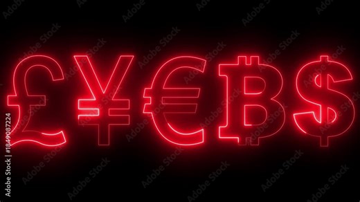 neon business concept currency symbol icon animation. various currency icon. Money symbols dollar euro pound yen bitcoin icon. Static global currency symbols exchange rates. modern financial concept.