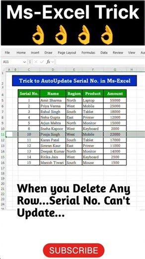 Ms-Excel Trick to AutoUpdate Serial No.😲#excel#exceltutorial#exceltips#excelformula#excelhacks#excel