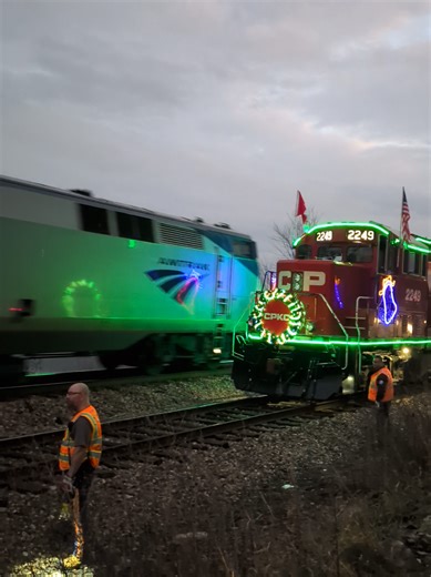 Amtrak Adirondack Meets CPKC Holiday Train in Ticonderoga