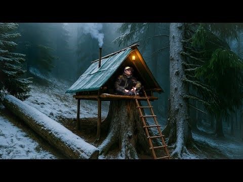 Building a Warm Survival Shelter on a Tree Stump | Solo Bushcraft