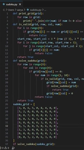 🤯 CRACK ANY SUDOKU! Python Backtracking Solver Explained! 🐍 #python #shorts #codewithaaryan