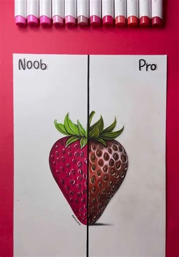 Drawing a Strawberry in 2 Different Levels! 🍓 Which level are you on?! 🤔 #fruit #visualart #drawing