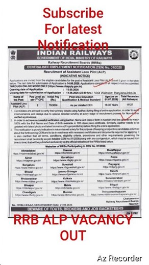 RRB ALP Vacancy 2026 Out 🚆 | Railway ALP New Vacancy | RRB ALP Notification | Govt Job Update #short