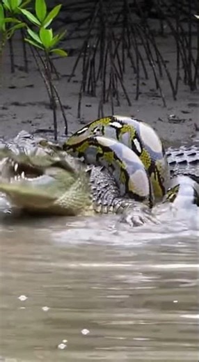 When a Python Tries to Constrict a Saltwater Crocodile #wildlife #shorts #survival