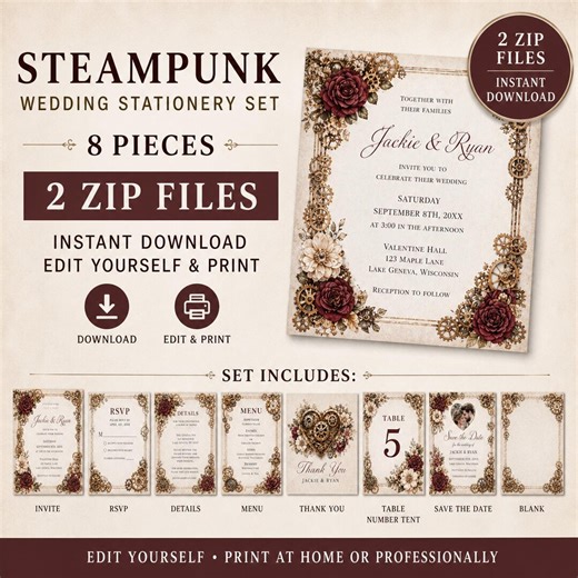 Steampunk Wedding Invitation Set, Unusual Printable Wedding Suite, Instant Download Wedding Invitations, DIY Wedding Stationery Pack - Etsy