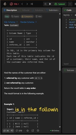 LeetCode SQL DAY 5 | Find Customers (Referee Logic) 🧠🔥#shorts #datascience #coding#databaseconcepts