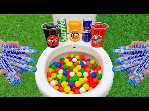 Mini Plastic Balls VS Popular Sodas !! Coca Cola, Sprite, Fanta, Pepsi, Fruko and Mentos in toilet