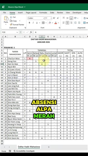 ✨ Absensi Alpa Otomatis Merah di Excel! #ExcelTips #AbsensiExcel #ExcelIndonesia
