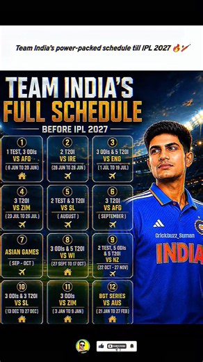 🏏 Team India Full Schedule Till IPL 2027 | Complete Series List, Tours & ICC Events 🇮🇳🔥