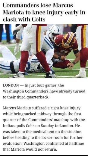 Commanders’ QB Crisis Gets WORSE! 😳 Marcus Mariota Suffers Knee Injury vs. Colts