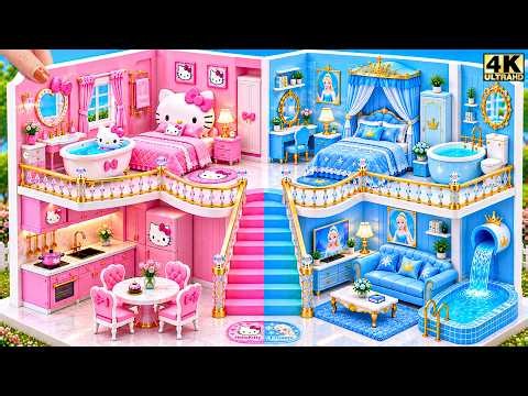🎀❄️ Build Pink Hello Kitty & Blue Frozen House with Royal Bedroom and Pool ❤️ DIY Miniature House