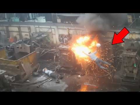 Machine explosion and flames throw worker, leaving him seriously injured.