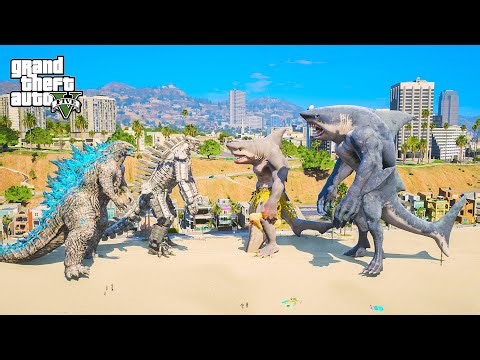 GTA 5 Mods | Godzilla & Mechagodzilla vs Mutant Shark & Were Shark