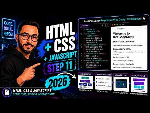 freeCodeCamp HTML Step 11 | JavaScript Intro, h3 Sections & Full Page Structure