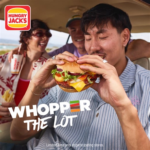 The Hungry Jack’s Aussie Summer burger line-up is one for the books. 🍔 Craving a classic? Grab the Aussie Whopper or Tropical Whopper. Keen for a bit of everything? Grab The Lot, stacked with beetroot, pineapple, AND egg. 😎 | Hungry Jack's
