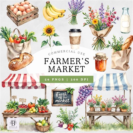 Farmers Market Clipart Bundle PNG, Watercolor Food Market Clip Art, Fruits Vegetables Bread Flowers, Rustic Market Stand Graphics - Etsy