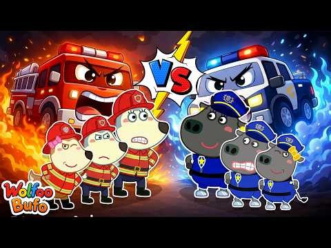 Firefighters vs Police Battle🔥🚓 | Who Wins? | Funny Playtime for Kids | Wolfoo and Bufo