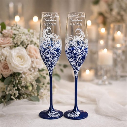 Blue and White Wedding Toasting Flutes, Personalized Bride and Groom Champagne Glasses, Elegant Wedding Glass Set, Custom Wedding Gift - Etsy