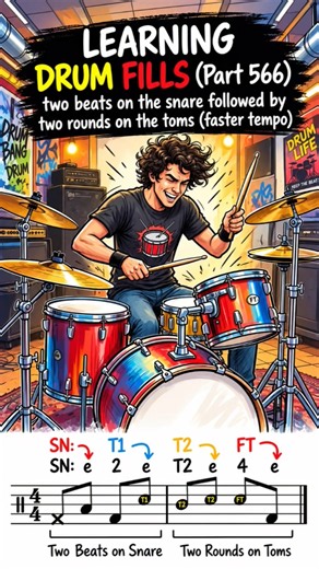 PART 566 LEARNING DRUM FILLS TWO BEATS ON THE SNARE FOLLOWED BY TWO ROUNDS ON THE TOMS FASTER TEMPO