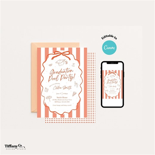 Graduation Pool Party Invitation, Editable Summer Beach Template (digital Download) - Etsy