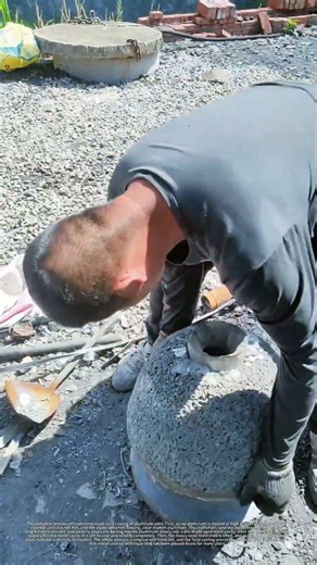 Rural craftsman casts aluminum pot, hot molten aluminum flows into sand mold for perfect shape